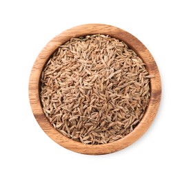 Photo of Bowl of aromatic caraway (Persian cumin) seeds isolated on white, top view