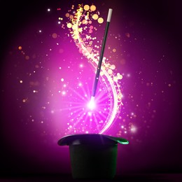 Image of Wizard's hat with wand and magical light on purple background