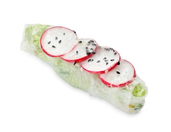 Photo of Delicious spring roll wrapped in rice paper isolated on white