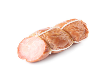 Photo of Tasty cut sausage on white background. Meat product