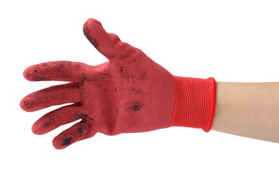 Photo of Woman in gardening glove on white background, closeup