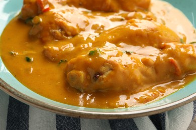 Photo of Tasty chicken curry on light blue plate, closeup