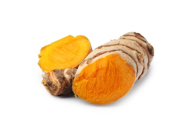 Photo of Fresh cut turmeric root isolated on white